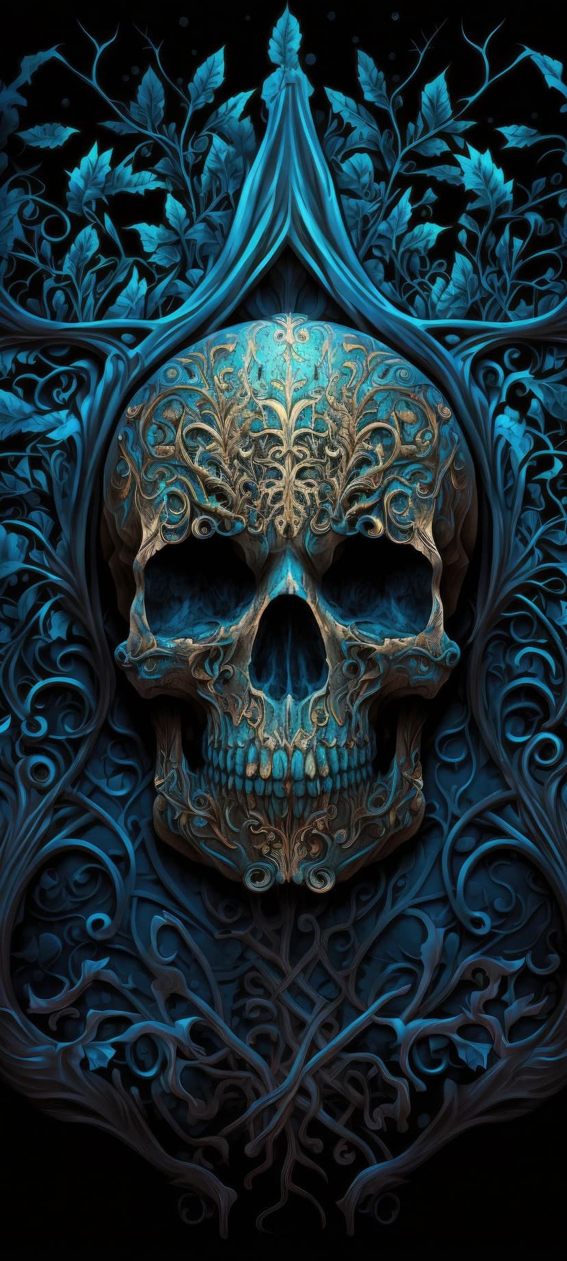 Blue human skull with golden filigree patterns and sharp teeth surrounded by dark navy leaves and vines.