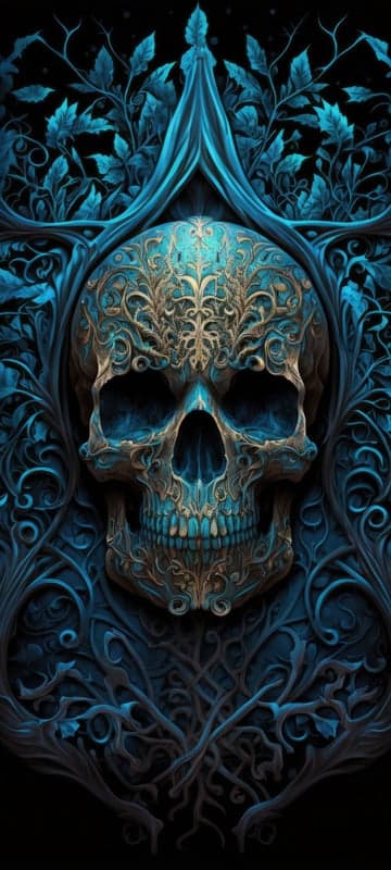 Ornate Blue Skull with Golden Filigree and Vines