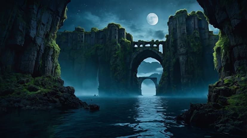 Mossy stone bridge ruins span a dark river flanked by cliffs under a bright full moon and starry night sky.