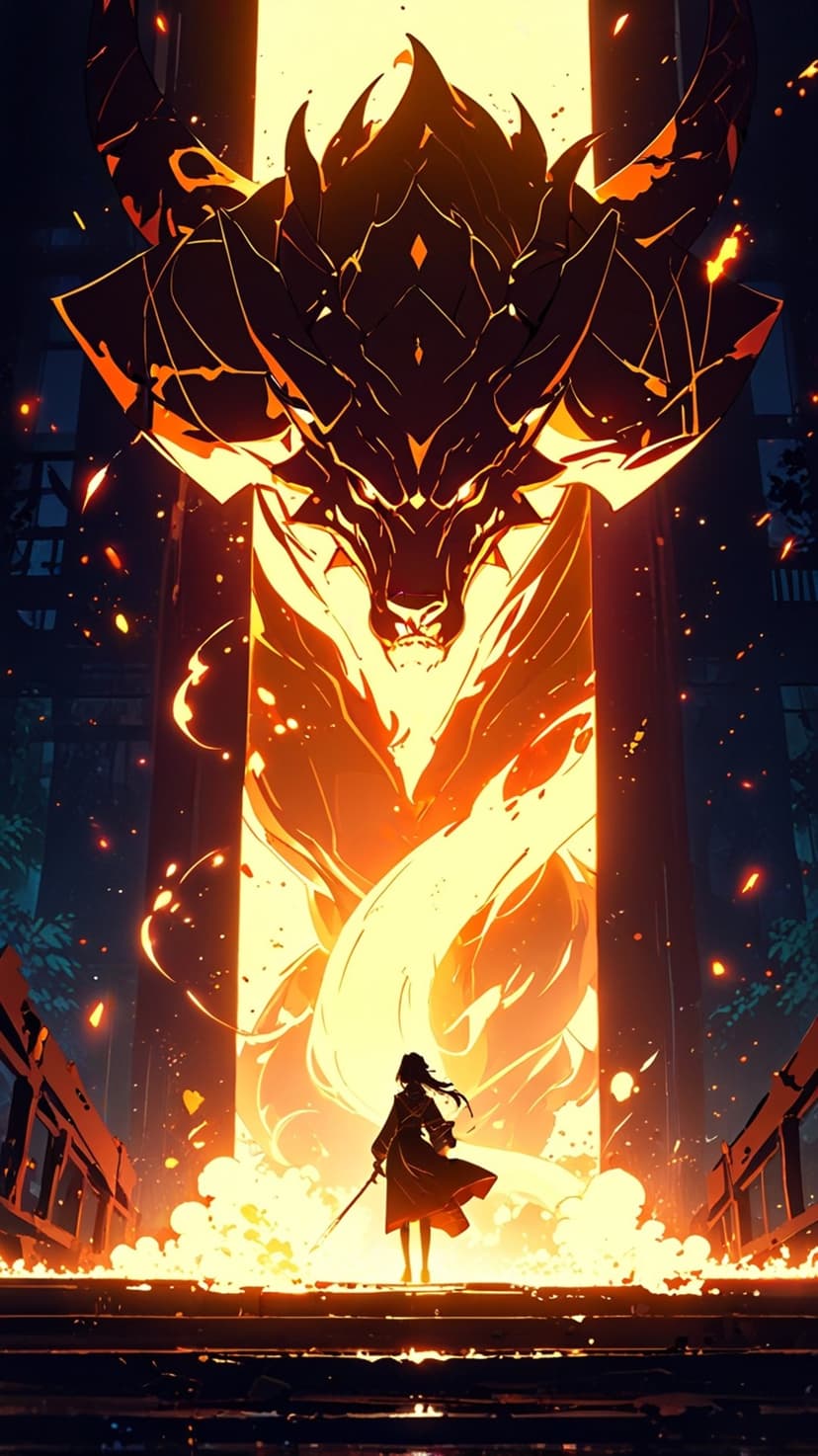 Silhouetted warrior holding a sword faces the glowing head of a massive orange fire dragon amidst flying sparks.