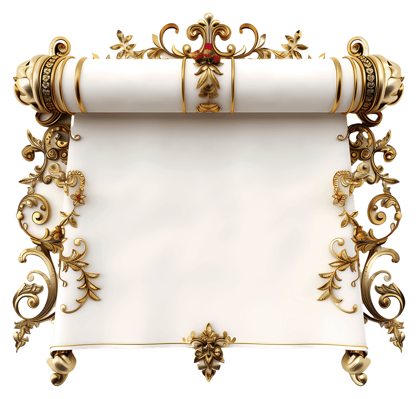 Gold filigree parchment scroll features intricate metallic borders and a weathered texture on a white background.
