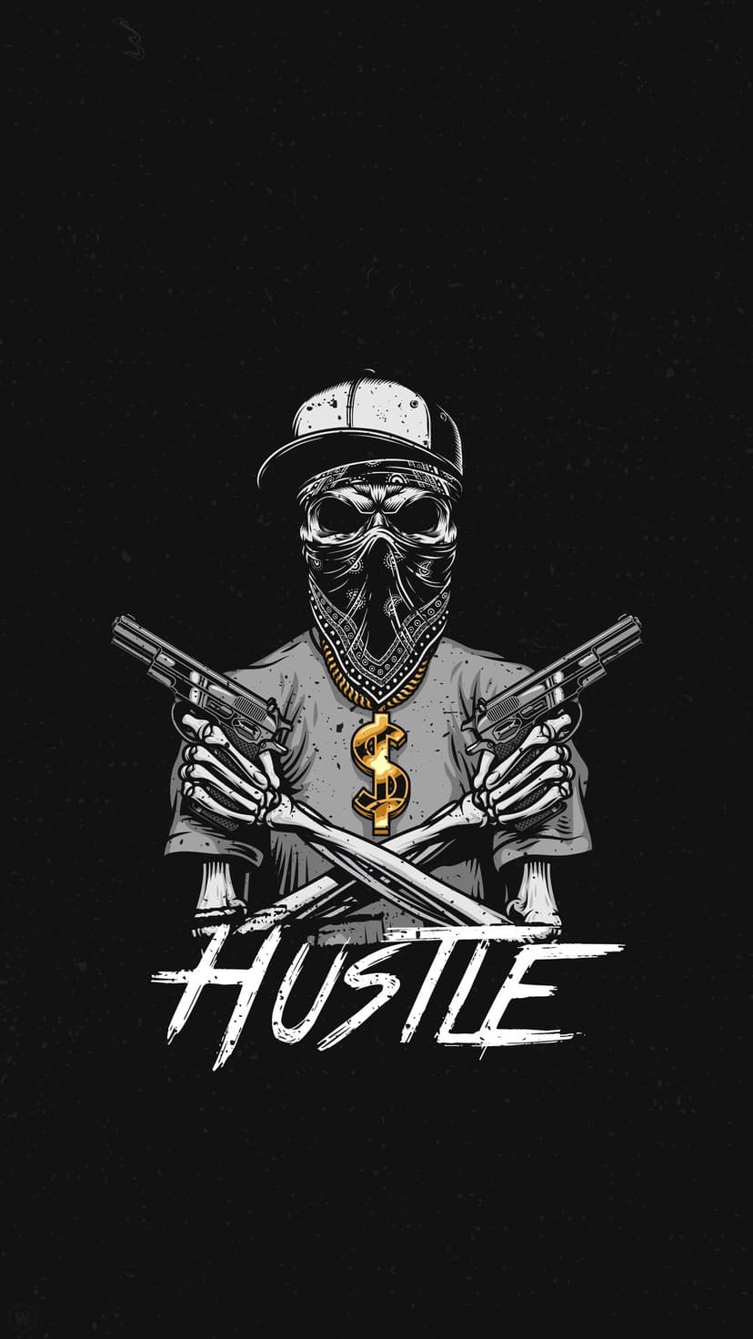 Skeleton wearing a bandana and gold dollar necklace holds two crossed pistols above the distressed word hustle.