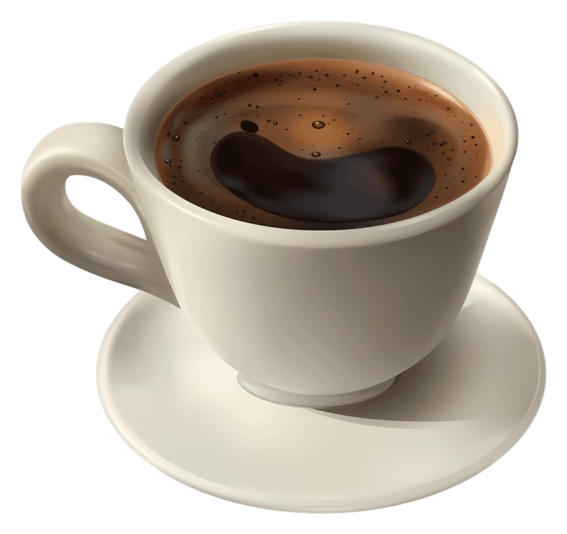 Realistic steaming hot coffee cup featuring white ceramic porcelain and swirling vapor on a transparent base.