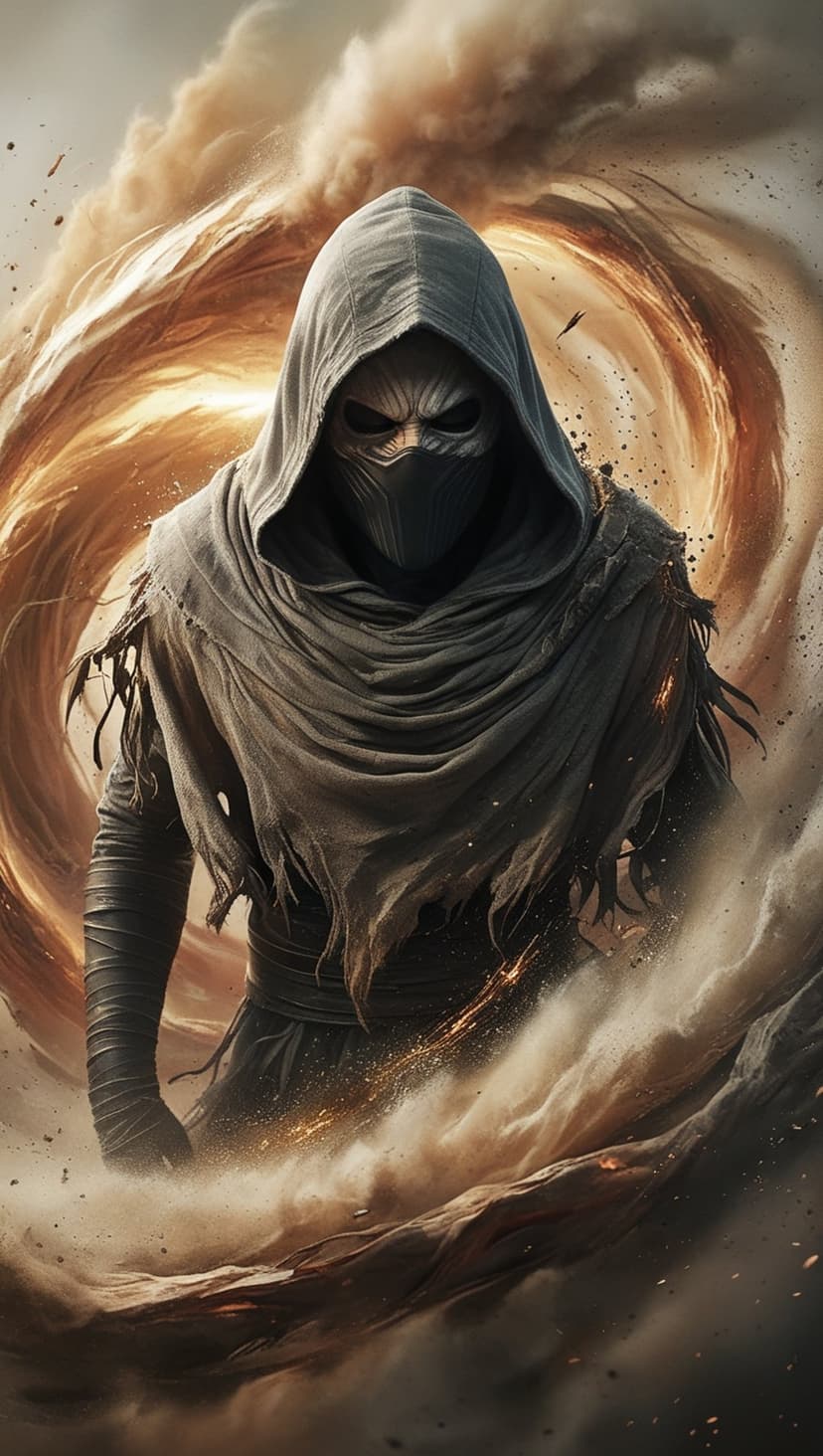 Cloaked masked figure standing in a golden desert sandstorm with swirling dust and glowing orange embers.