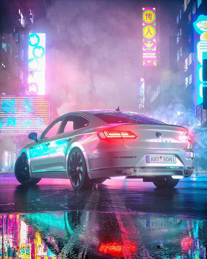 Silver sports car with red taillights reflecting on a wet street surrounded by neon city signs at night.