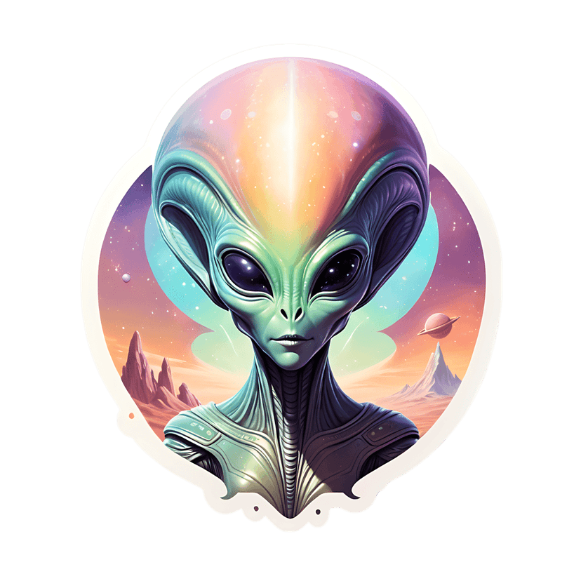 Iridescent alien sticker with teal skin and large dark eyes against a ringed planet and mountain landscape.