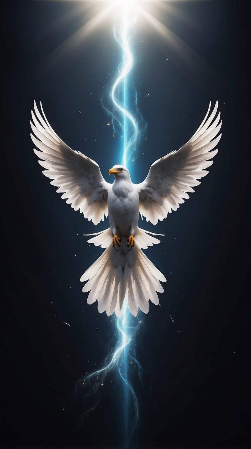 White eagle with open wings ascending through a vertical bolt of glowing blue lightning against a dark sky.