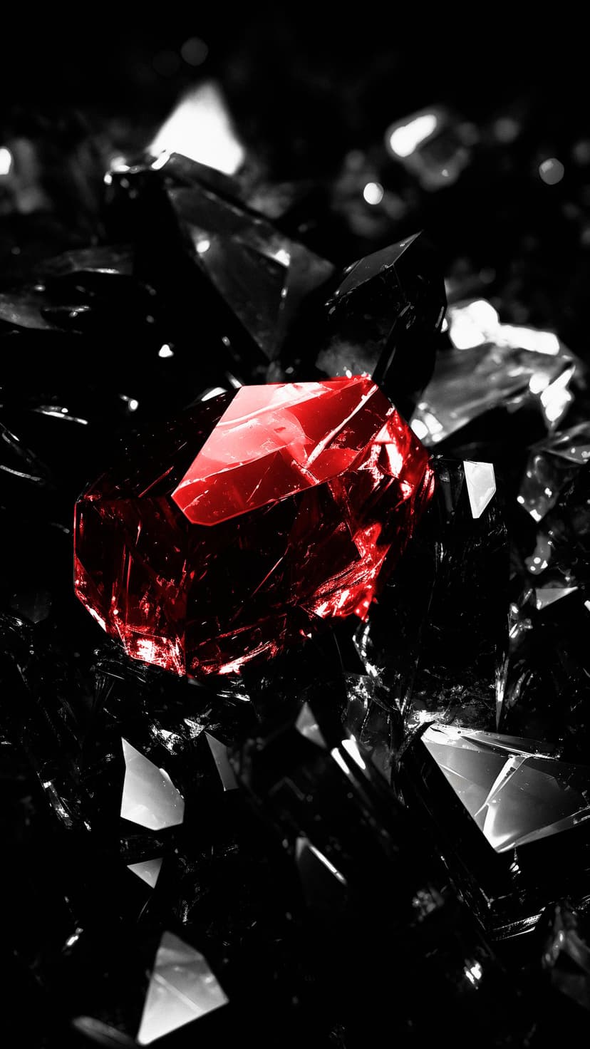 Faceted red crystal glowing amidst sharp obsidian shards with high contrast for a vertical smartphone display.