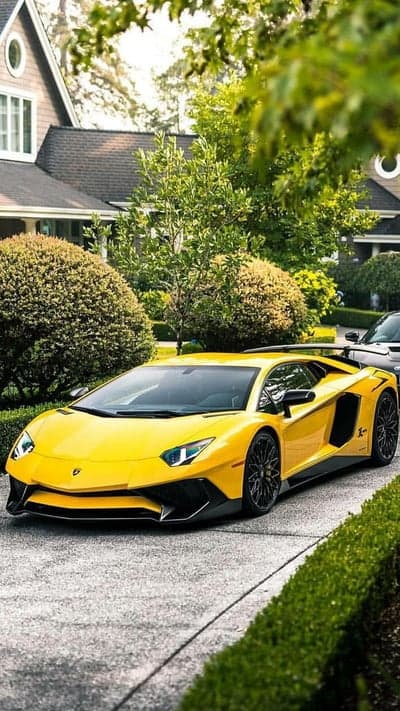 Yellow Lamborghini Aventador parked in front of a modern house