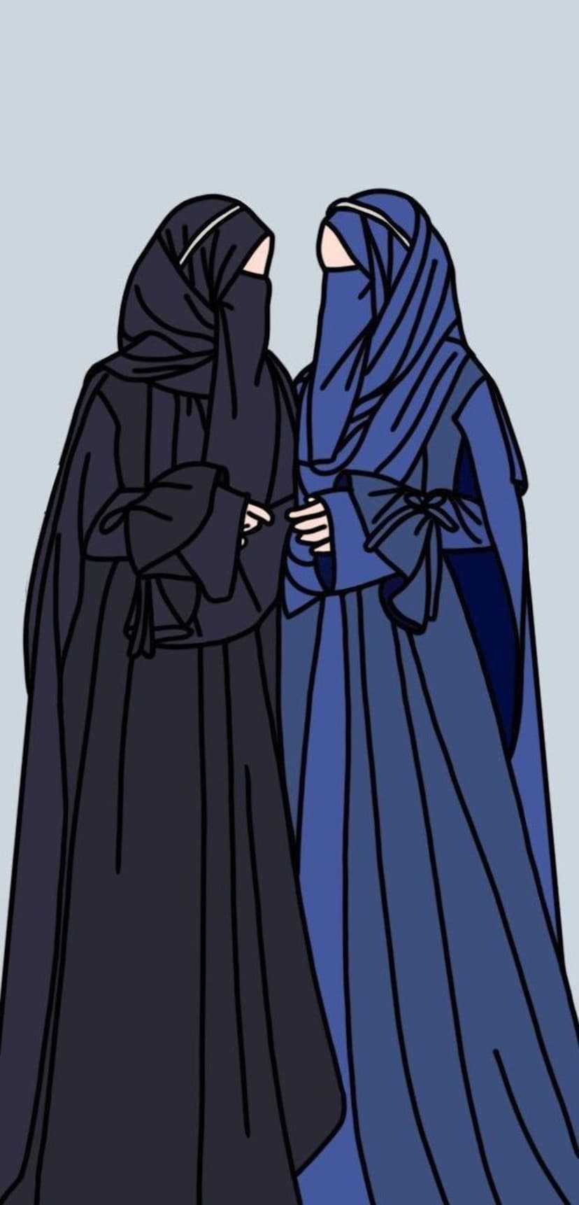Two women in navy and bright blue abayas with matching niqabs revealing only their eyes stand side-by-side.