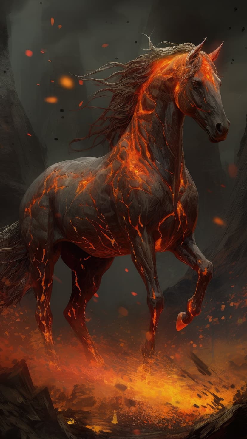 Dark obsidian horse with a glowing lava core and flaming mane gallops across a smoky, ash-filled volcanic landscape.