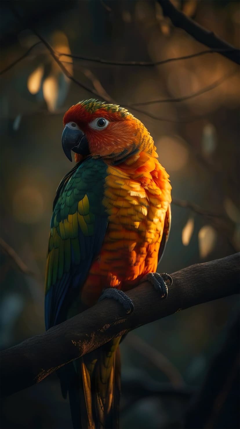 Tropical parrot with orange and yellow feathers perched on a tree branch against a blurred sunset background.