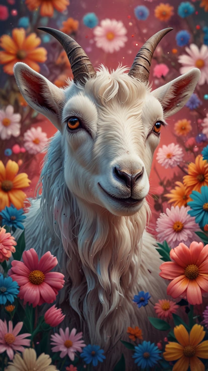 White goat with curved horns and orange eyes rests among pink, blue, and yellow wildflowers in a sunny field.