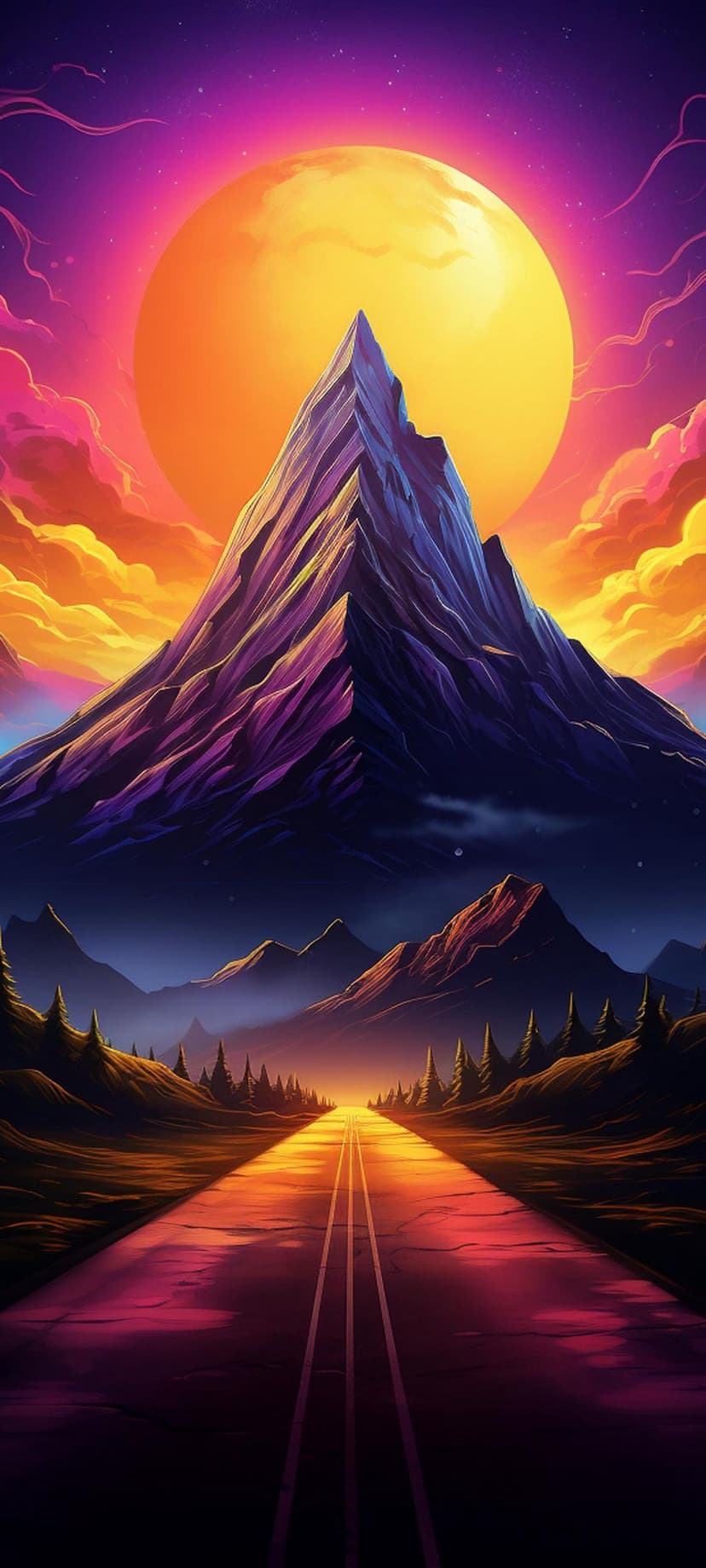 Winding road leads toward a giant orange moon behind jagged mountain silhouettes under a fiery twilight sky.