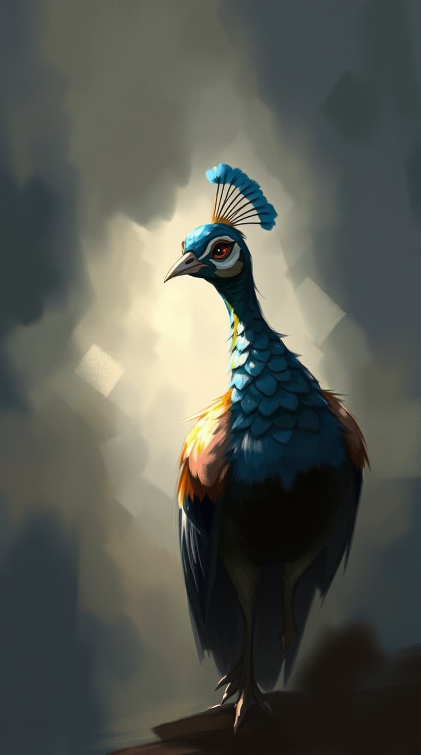 Peacock with a tall blue crest and bright red eye poses against a dark, textured atmospheric background.