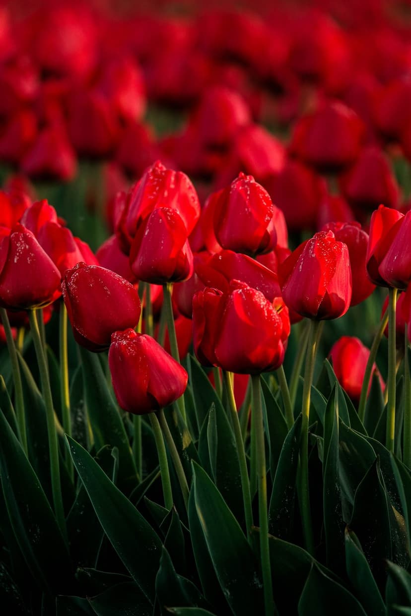 Red tulips with water droplets on their petals in a close-up vertical shot against a soft blurred background.