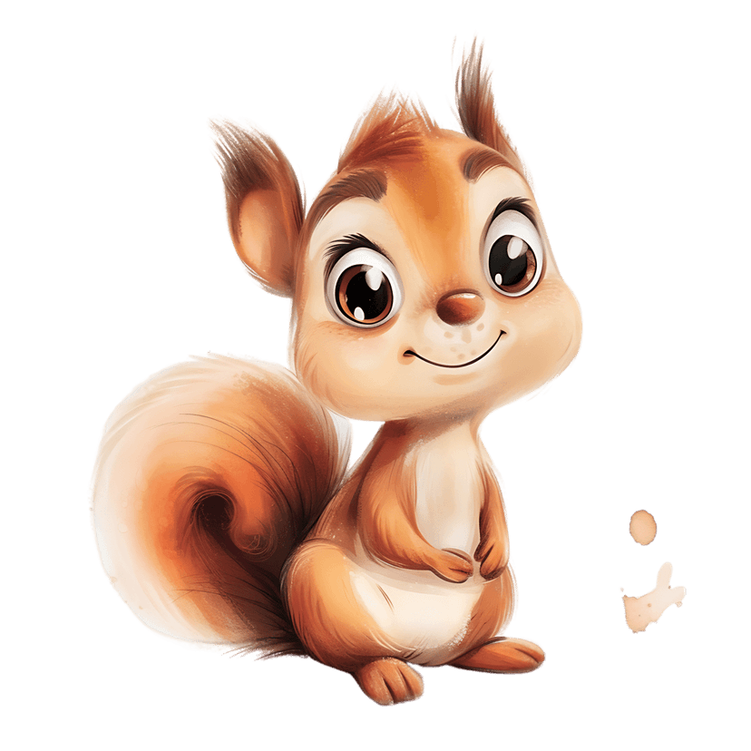 Brown squirrel character sits upright featuring a large bushy tail and expressive dark eyes on a transparent background.