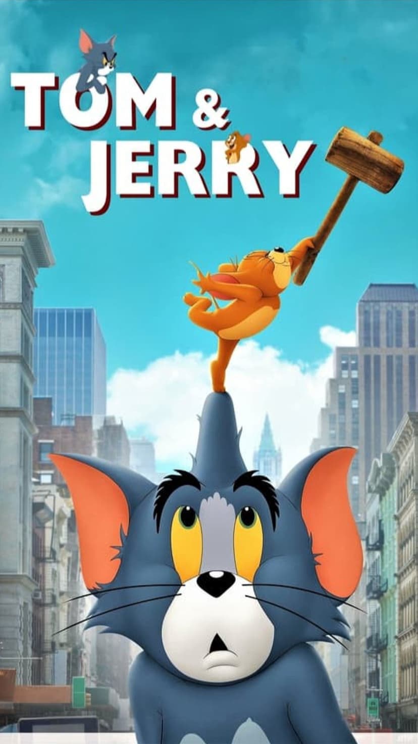 Tom the blue cat looks surprised while Jerry the mouse holds a hammer atop skyscrapers under a bright blue sky.