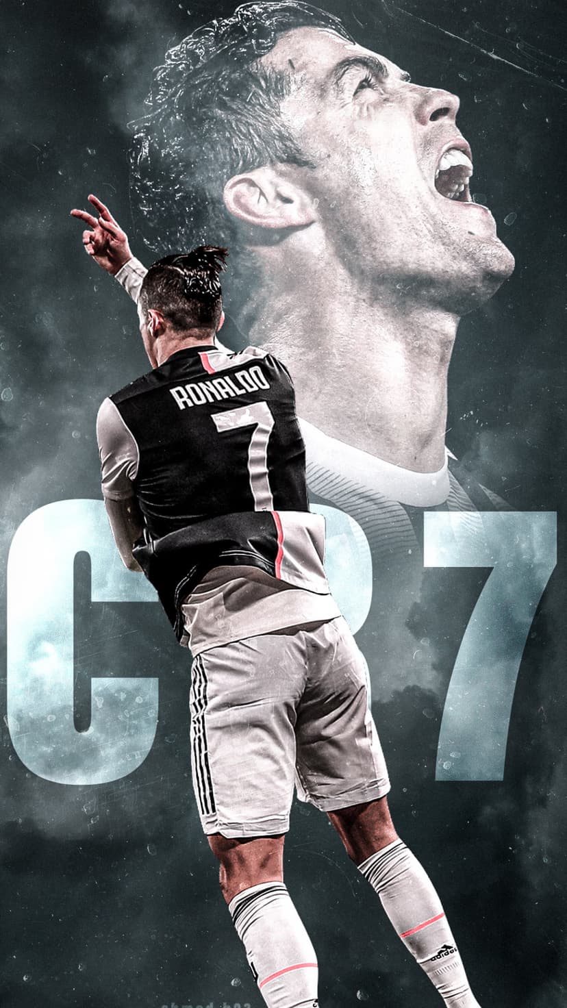 Cristiano Ronaldo wearing a black and white Juventus jersey performs a peace sign gesture against a smoky background.