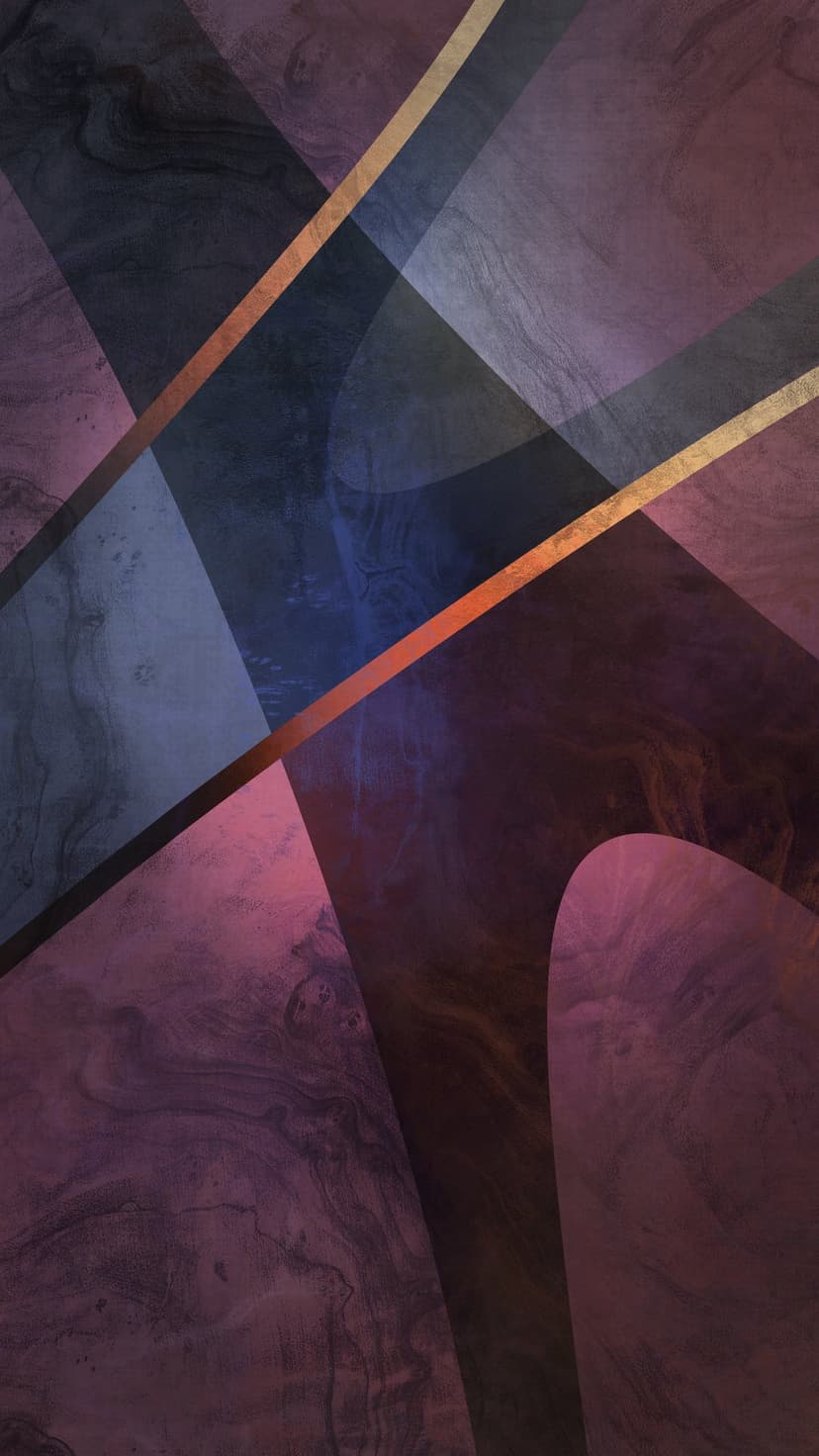 Geometric purple and blue marble slabs with intersecting thin gold lines create a layered, multi-dimensional scene.