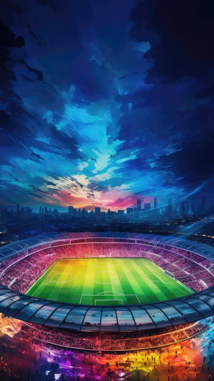 Luminous green football field at dusk surrounded by bright stadium lights and a pink and orange horizon.