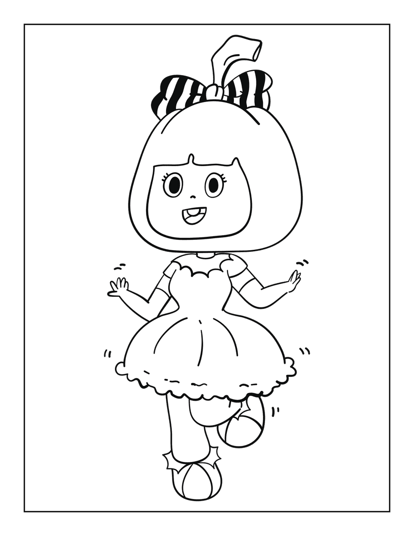Pumpkin girl coloring page featuring a female character with a jack-o-lantern head, frilly dress, and a bow.