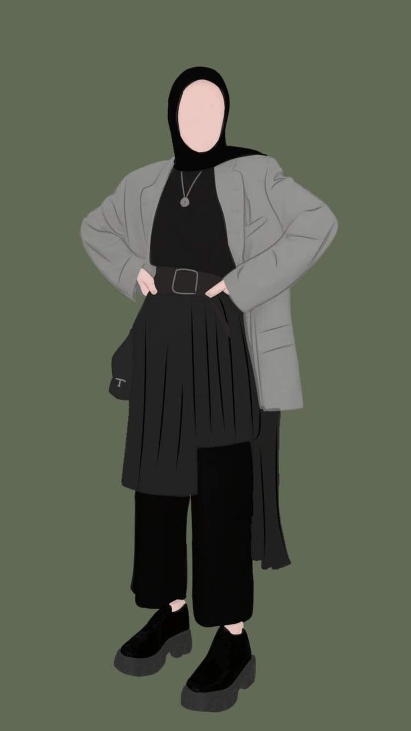 Woman in a charcoal blazer and black pleated skirt styled with a hijab and chunky shoes in a fashion pose.