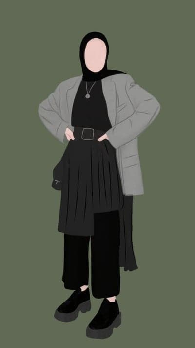 Stylish Hijab Outfit: Black Pleated Skirt, Gray Blazer