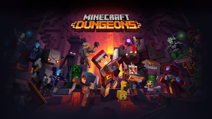 Adventurers battle a Redstone Golem and mobs in a dark cave illuminated by a central orange glow.