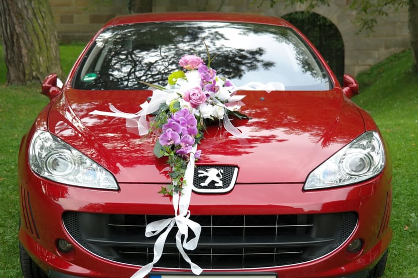 Crimson Peugeot car featuring a pink and white floral bouquet on the hood parked beside a rustic stone archway.