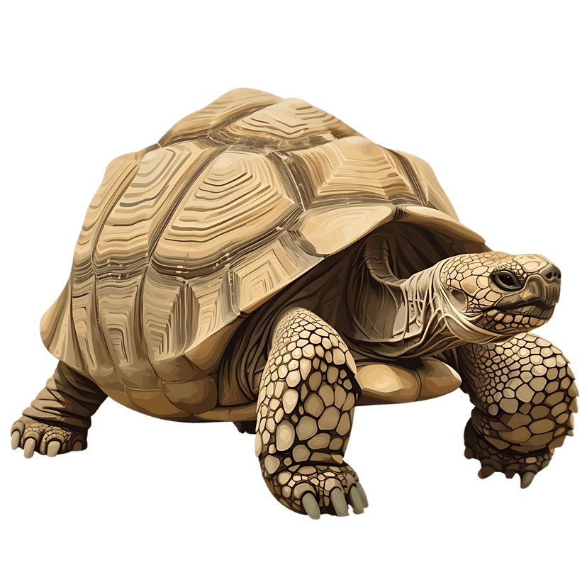 Sulcata tortoise side profile showing detailed keratinous scutes and scaly skin texture against black background.