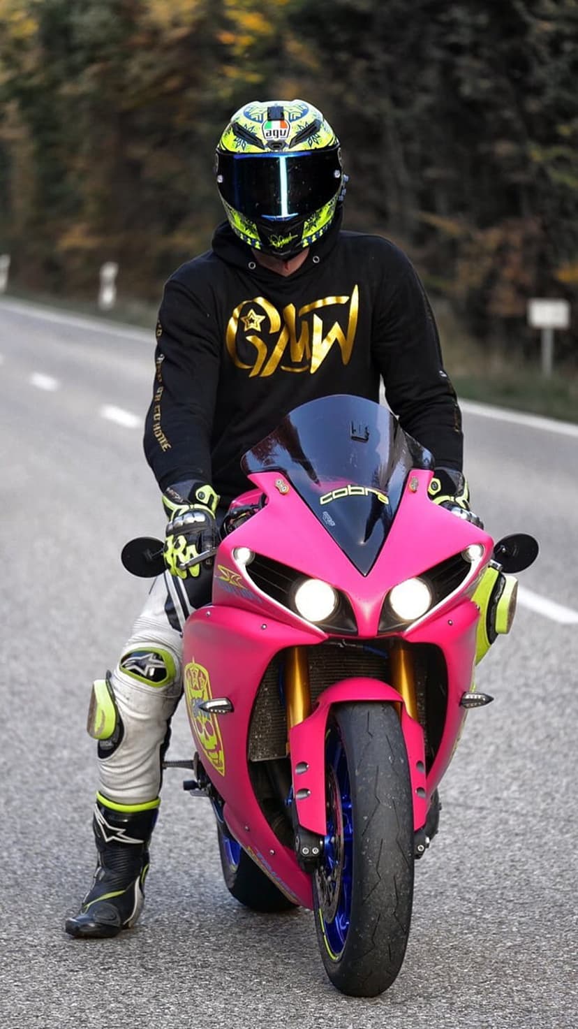 Motorcycle rider on a pink sportbike wearing a yellow helmet and white pants on a blurred asphalt road.