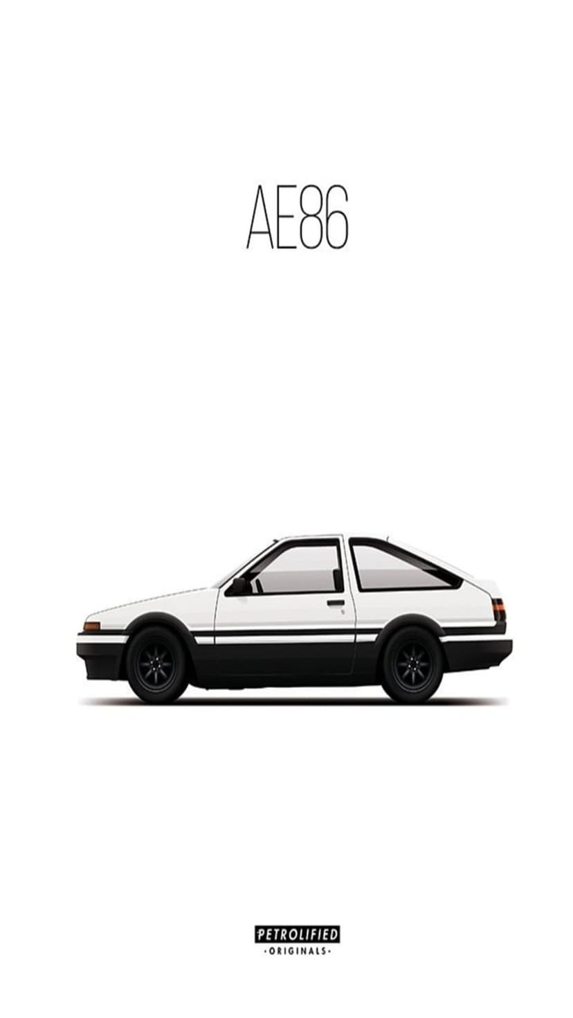 Toyota AE86 Hachi-Roku sports car in white and black minimalist poster style with Petrolified logo and text.