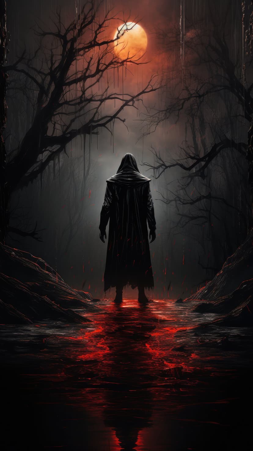 Hooded silhouette stands in a misty forest beneath a large blood moon with red reflections on the ground.
