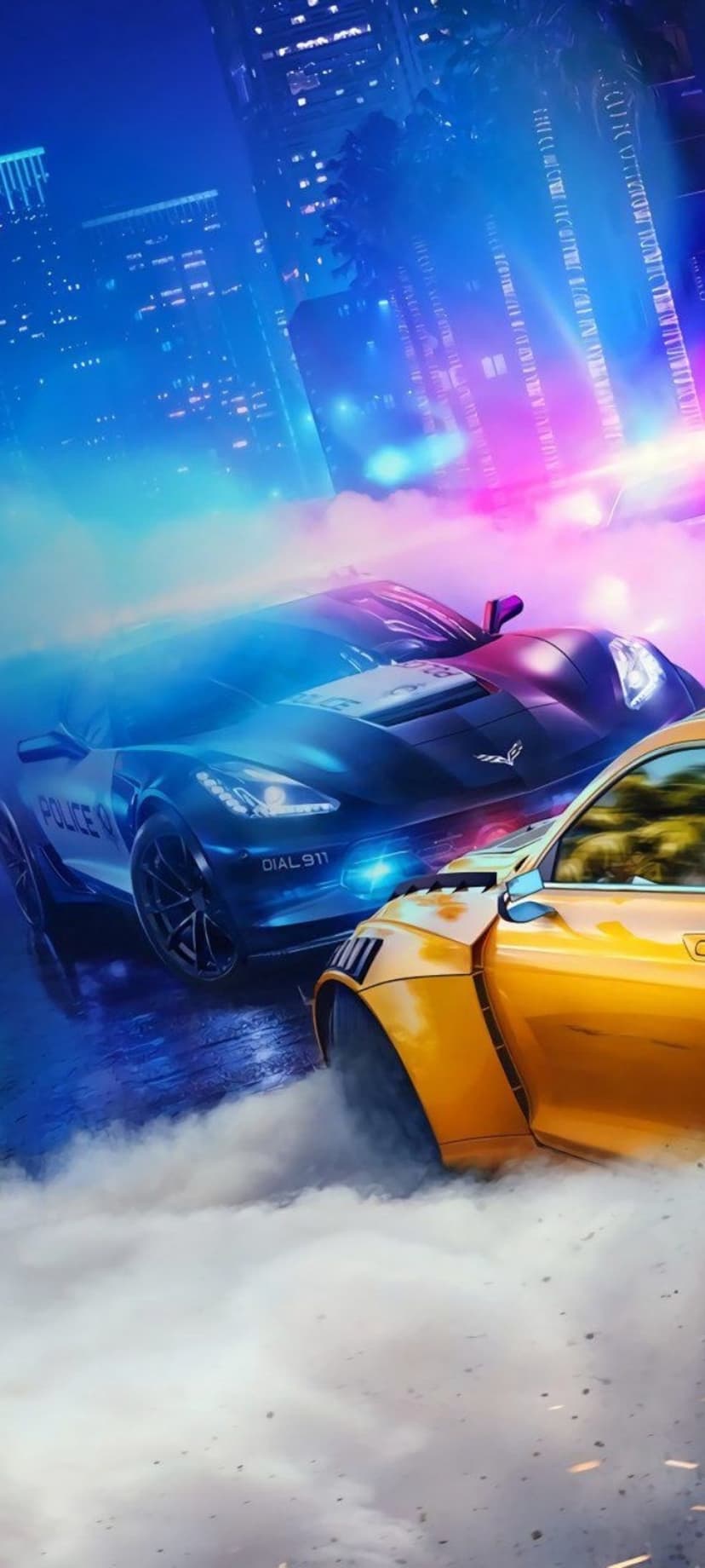 Yellow sports car and blue police cruiser drift through a neon-lit cyberpunk city with billowing smoke.