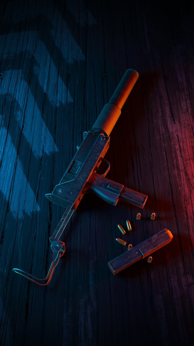 Submachine gun with suppressor and loose bullets on dark wood illuminated by red and blue cinematic lighting.