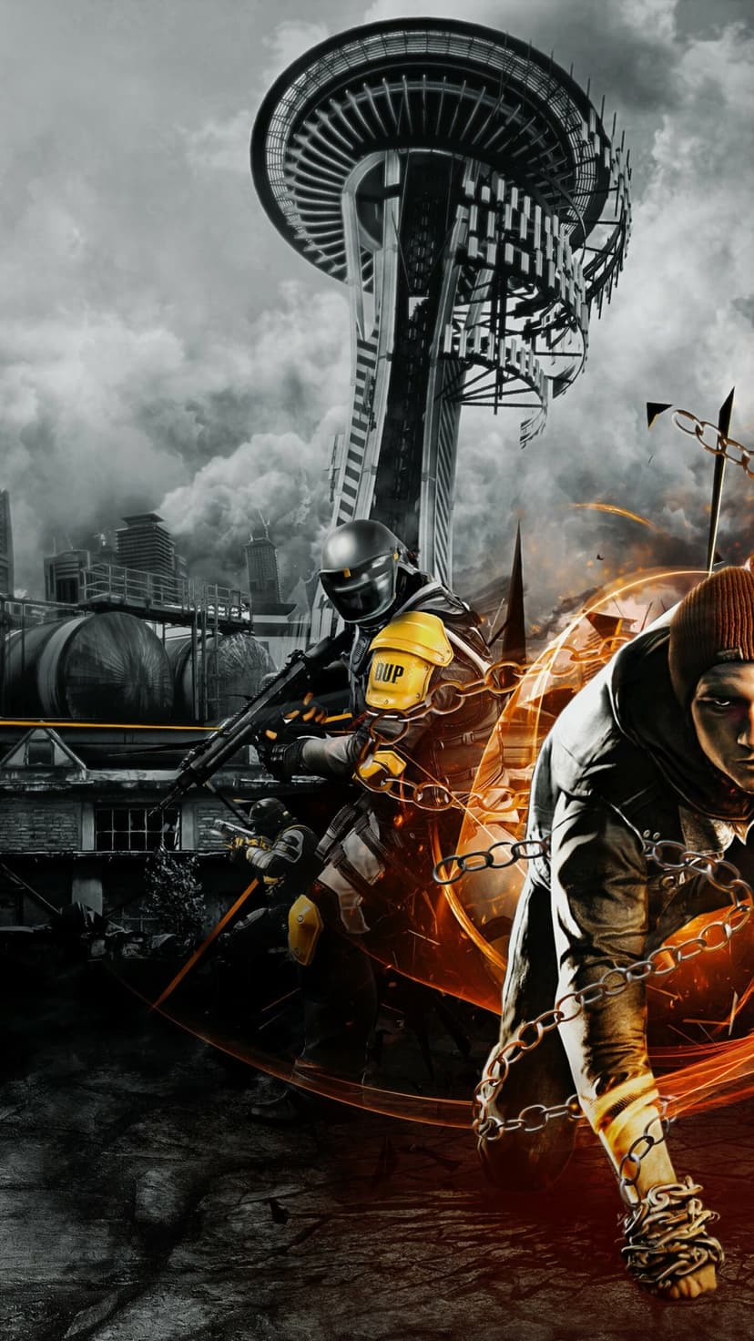 Delsin Rowe with glowing orange chains crouching before DUP soldiers and the Seattle Space Needle tower.