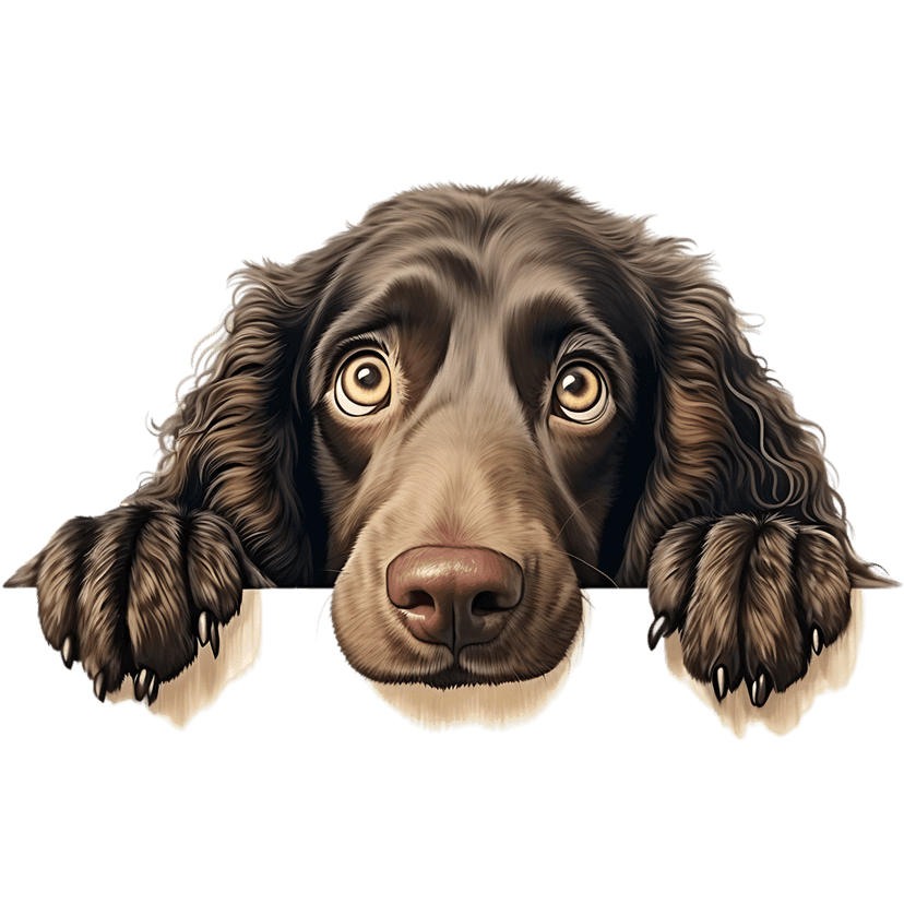 Brown dog peeking over edge displays detailed fur texture and large golden eyes against a black background.
