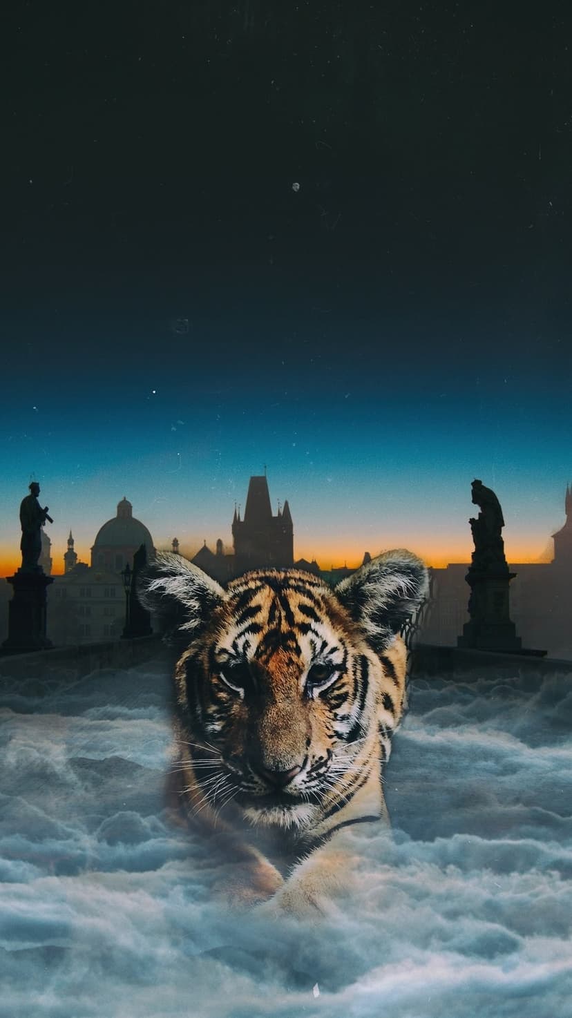 Tiger emerging from glowing clouds above a silhouetted cityscape against a starry twilight sky background.