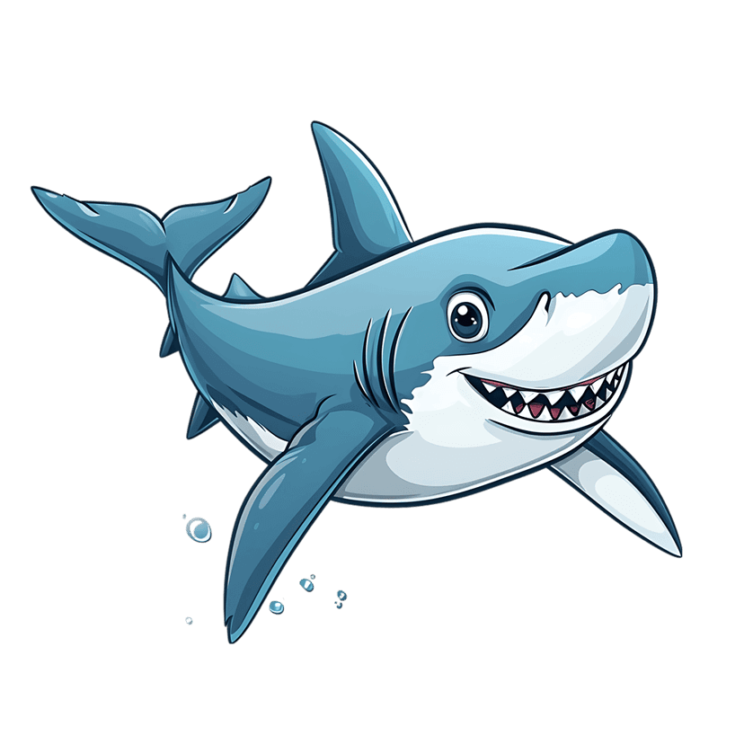 Smiling blue shark vector illustration featuring sharp teeth and rising bubbles against a black background.