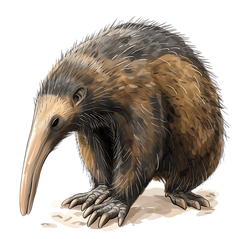 Echidna illustration with brown spines and long snout shown in profile against a dark black background.