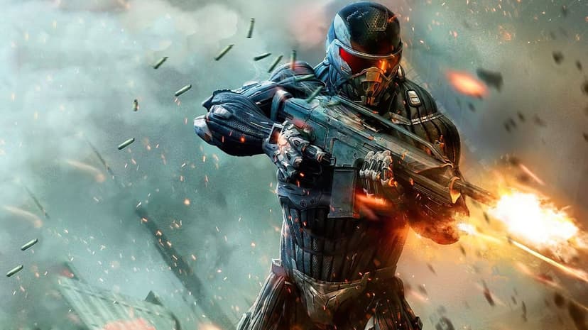 Sci-fi soldier in a carbon fiber nanosuit firing a rifle with a bright muzzle flash amidst flying bullet shells.