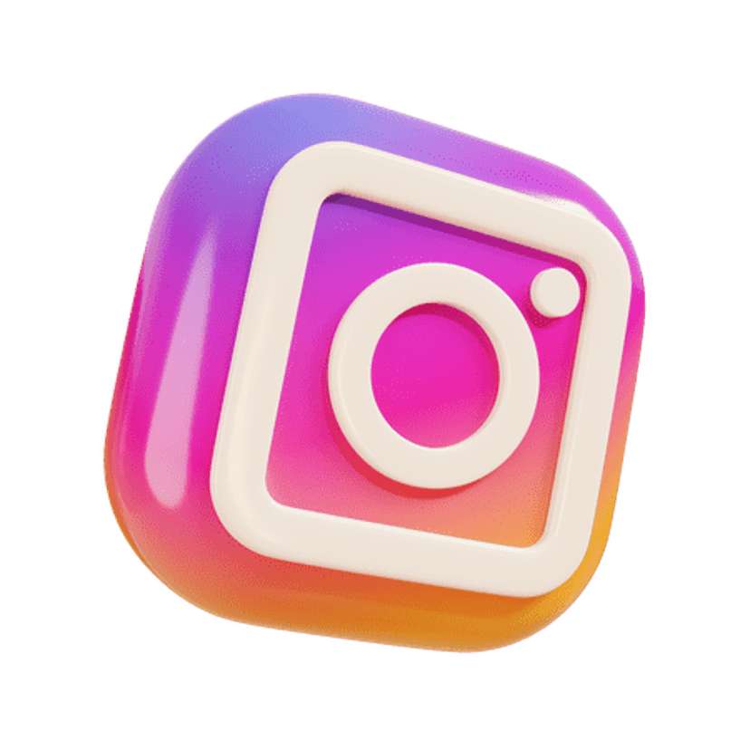 Instagram logo 3D icon displays a white camera outline over a rounded square with pink and orange gradients.