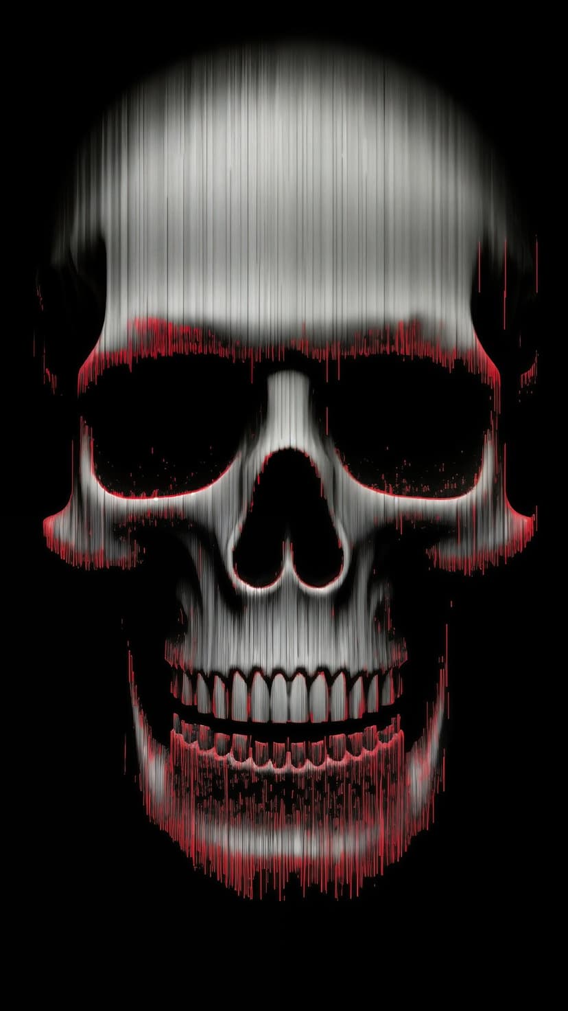 Metallic skull fragmented by red horizontal glitch lines against a solid black background with high contrast.