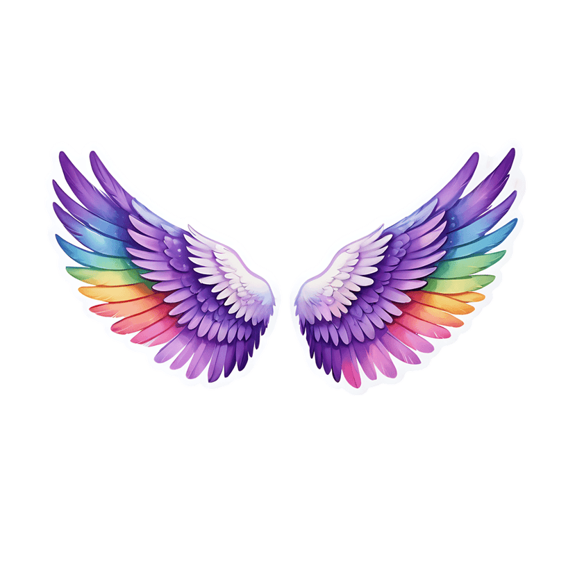 Rainbow angel wings sticker featuring symmetrical plumage with a vibrant color gradient and white outline.