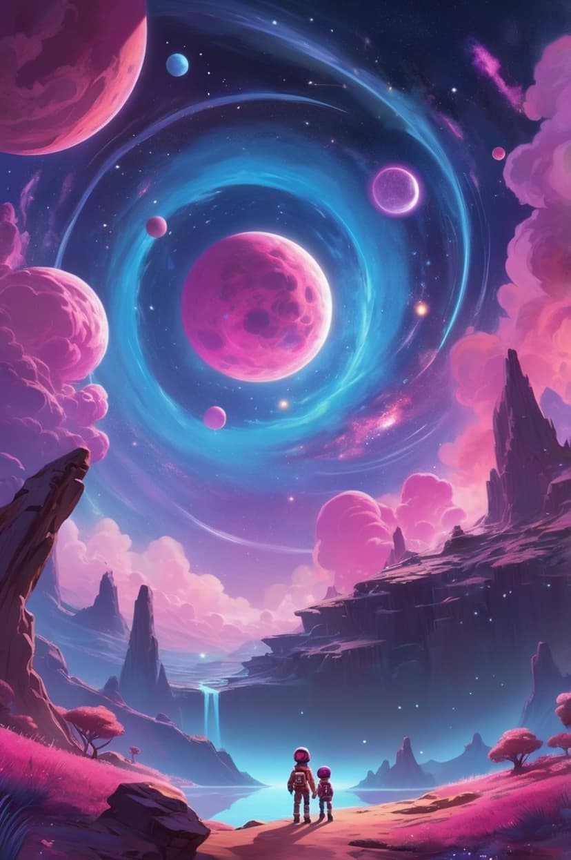Two astronauts stand on a pink rocky ledge overlooking a waterfall and lake beneath a nebula-filled cosmic sky.