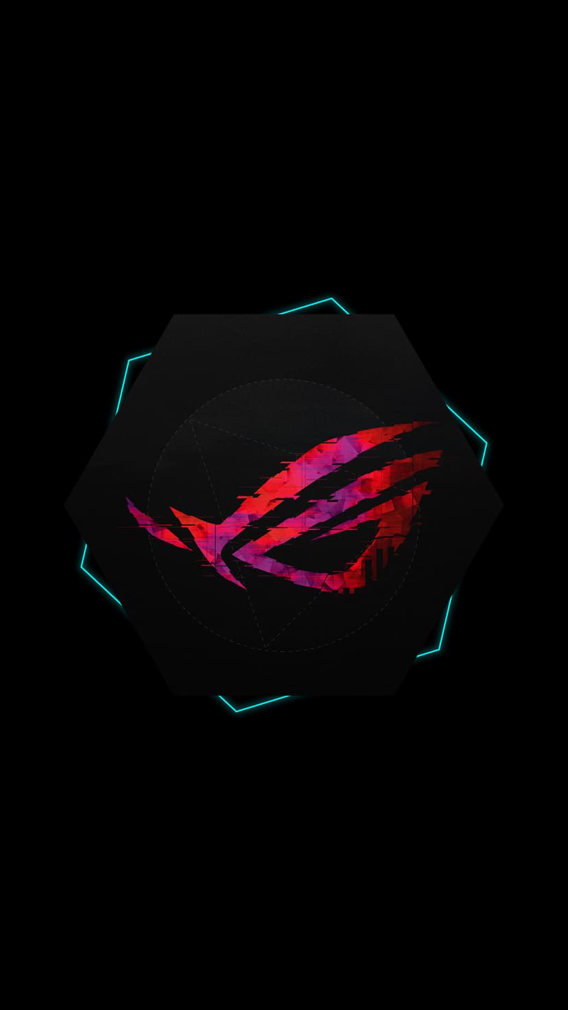 Republic of Gamers logo with a red and purple glitch effect centered inside a glowing cyan hexagonal frame.