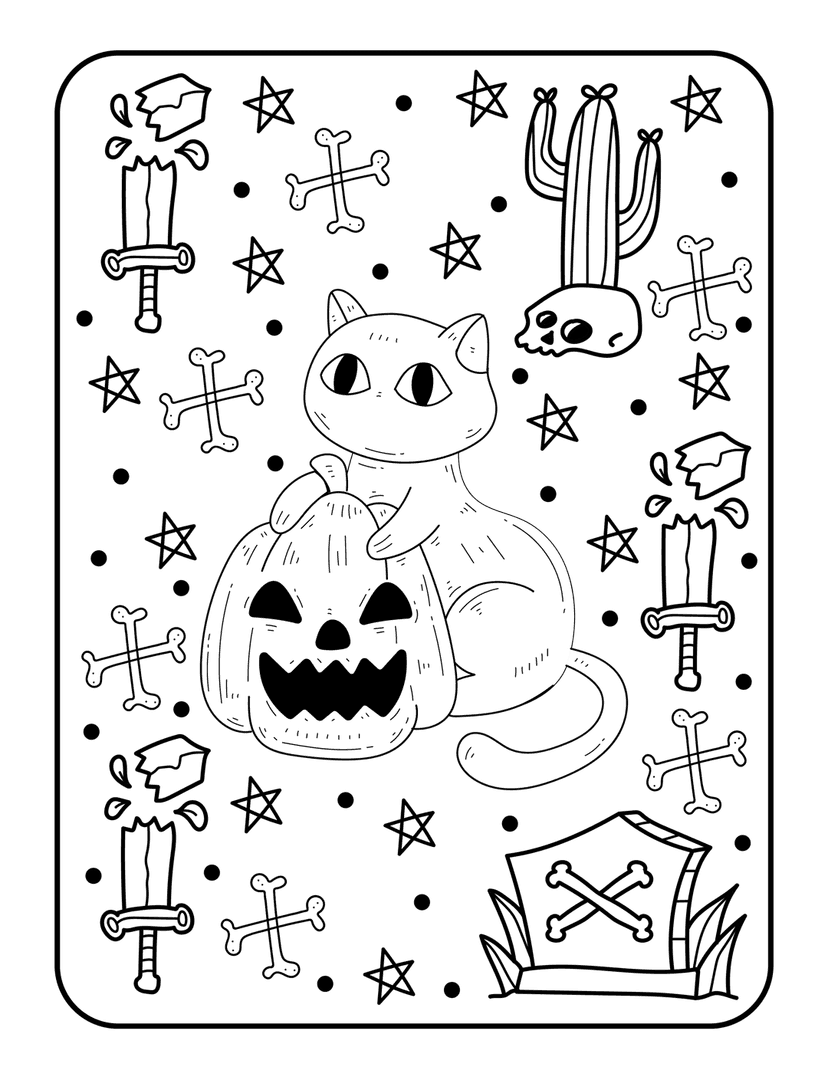 Halloween coloring page featuring a cat sitting by a pumpkin with stars and skull icons in crisp line art.