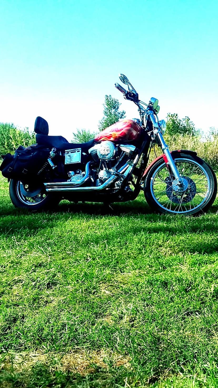 Red touring motorcycle with chrome accents and leather saddlebags parked in a green field under a blue sky.