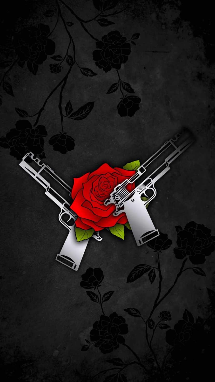 Two silver handguns crossed behind a blooming red rose set against a dark textured floral background.